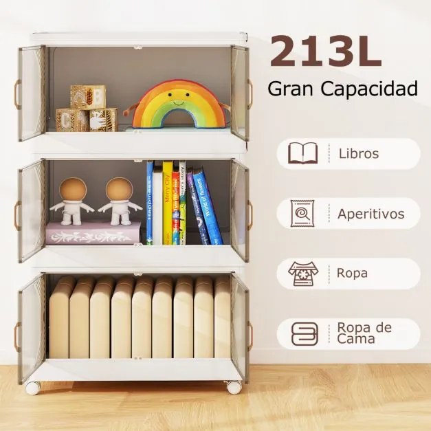 Caixas de armazenamento 213 L com tampa 3 Caixas empilháveis com rodas e portas Organizador dobrável para quarto Branco + Castanho