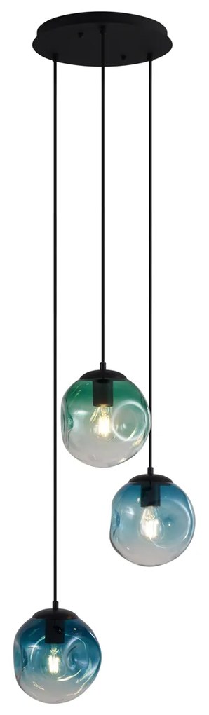 Candeeiro suspenso Art Déco preto com vidro azul e verde 3 luzes - Douglass