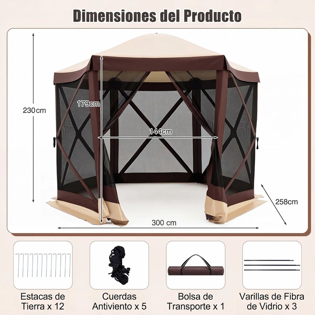 Tenda de Jardim Hexagonal Dobrável, 300 x 258 x 230 cm, Montagem Rápida, Castanho