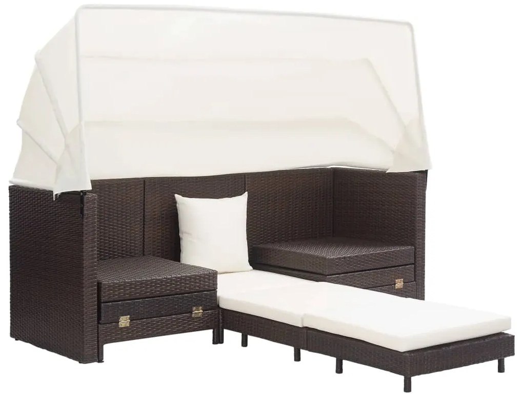 Espreguiçadeira extensível 3 lugares com toldo vime PE castanho