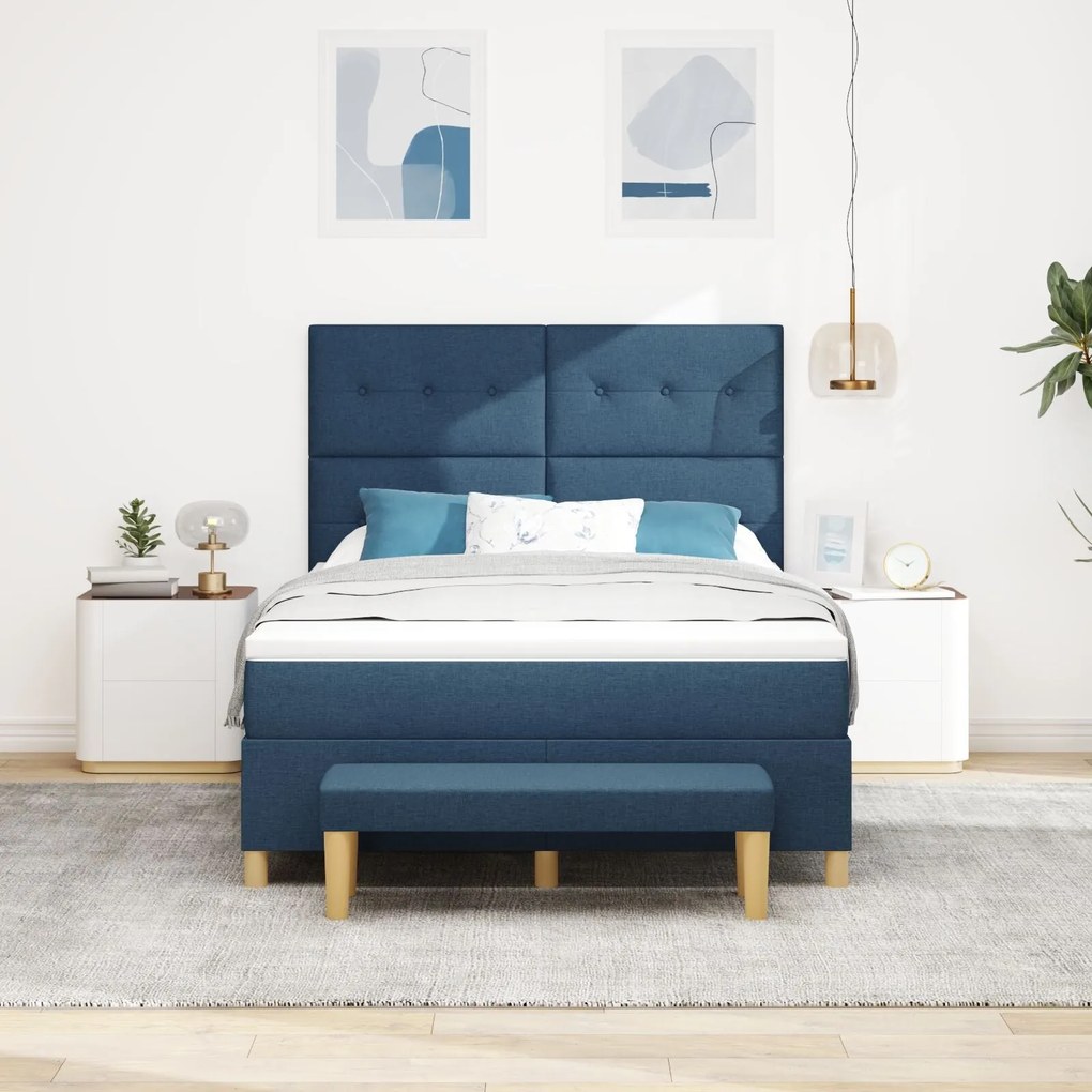 Cama Box Spring vidaXL com Colchão e Banco Azul 140x190 cm Tecido