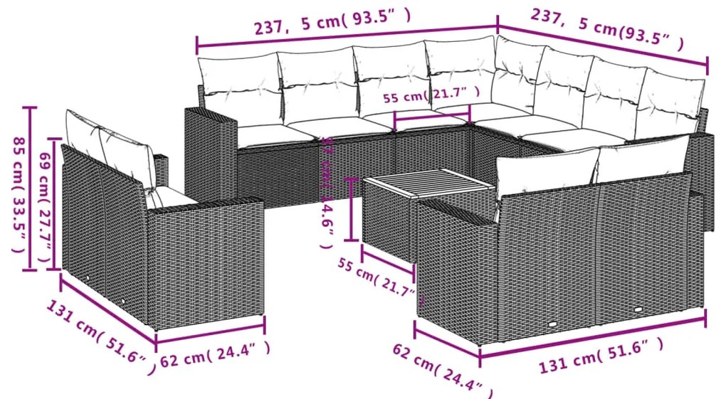 12 pcs conjunto de sofás p/ jardim com almofadões vime PE bege