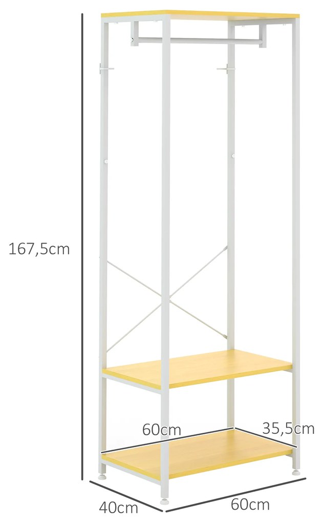 Suporte para Cabide com Barra Suspensa e 2 Estantes para 6 Pares de Sapatos para Entrada 60x40x167,5 cm Natural e Branco