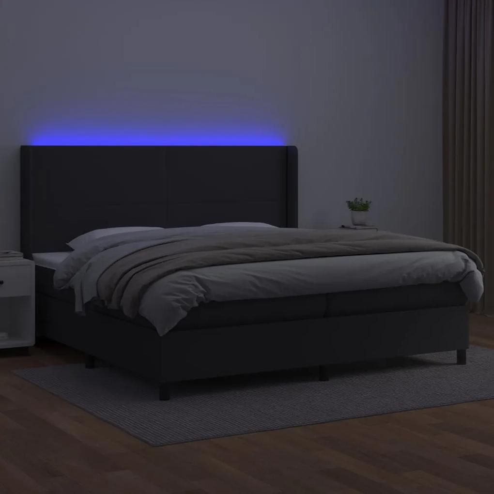 Cama box spring c/ colchão/LED 200x200cm couro artificial preto