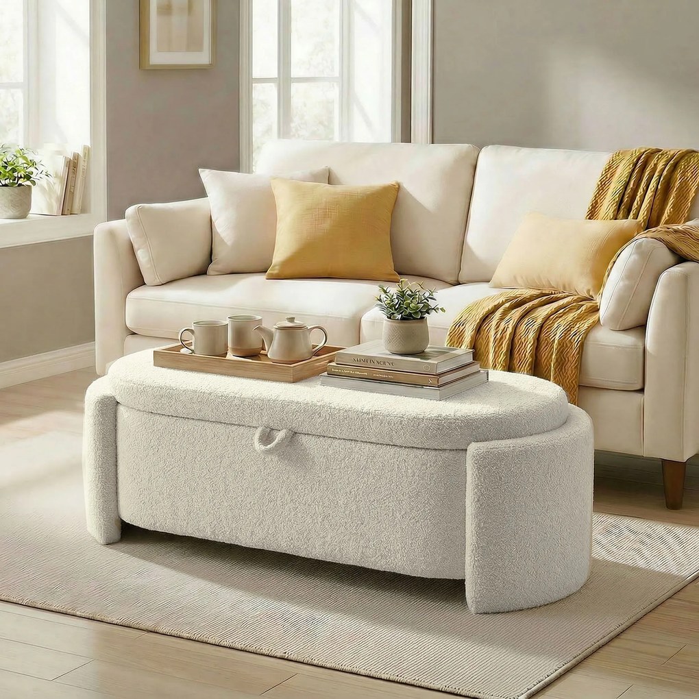 Banco de arrumação, pufe oval de polar Teddy com assento largo, 129 x 48,5 x 44 cm, creme