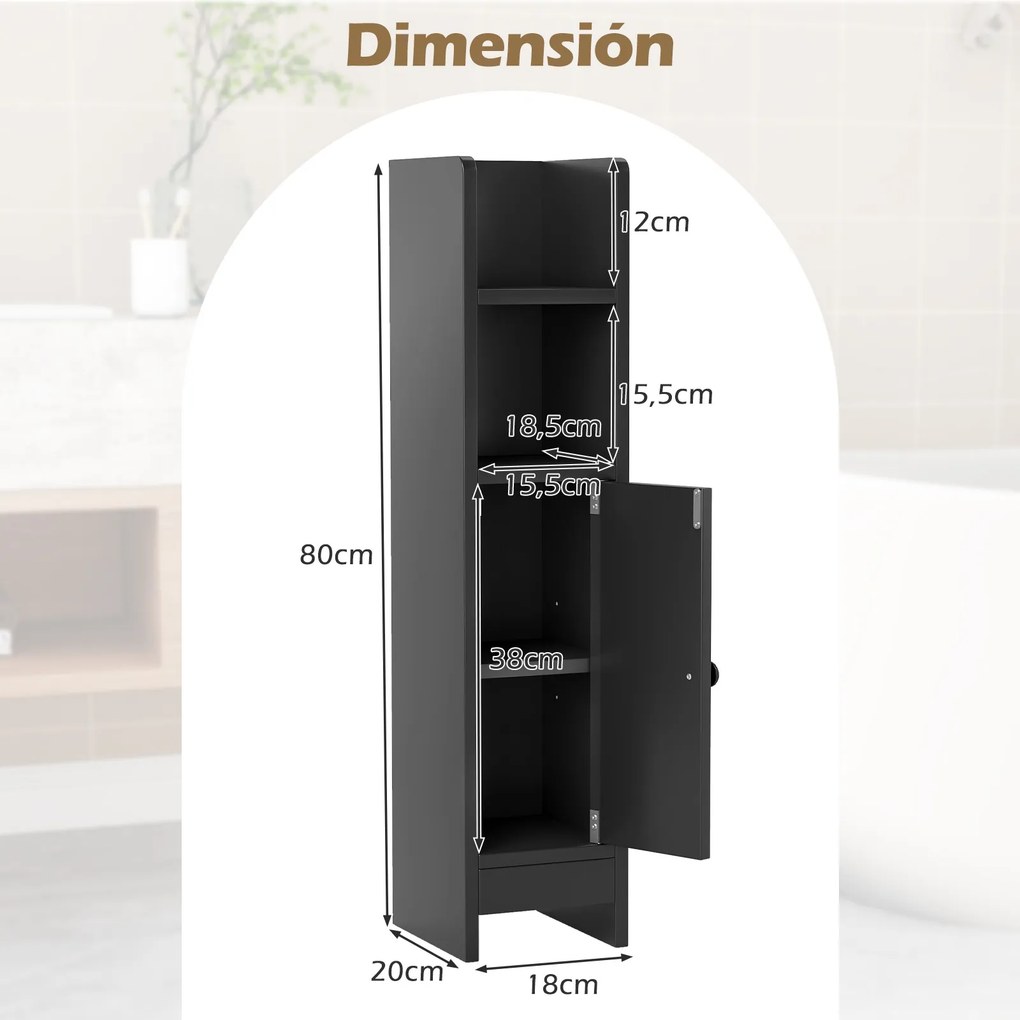 Conjunto de 2 armários de casa de banho 20 cm x 18 cm x 80 cm com porta e estantes ajustáveis, suporte para papel higiénico e organizador para casa de