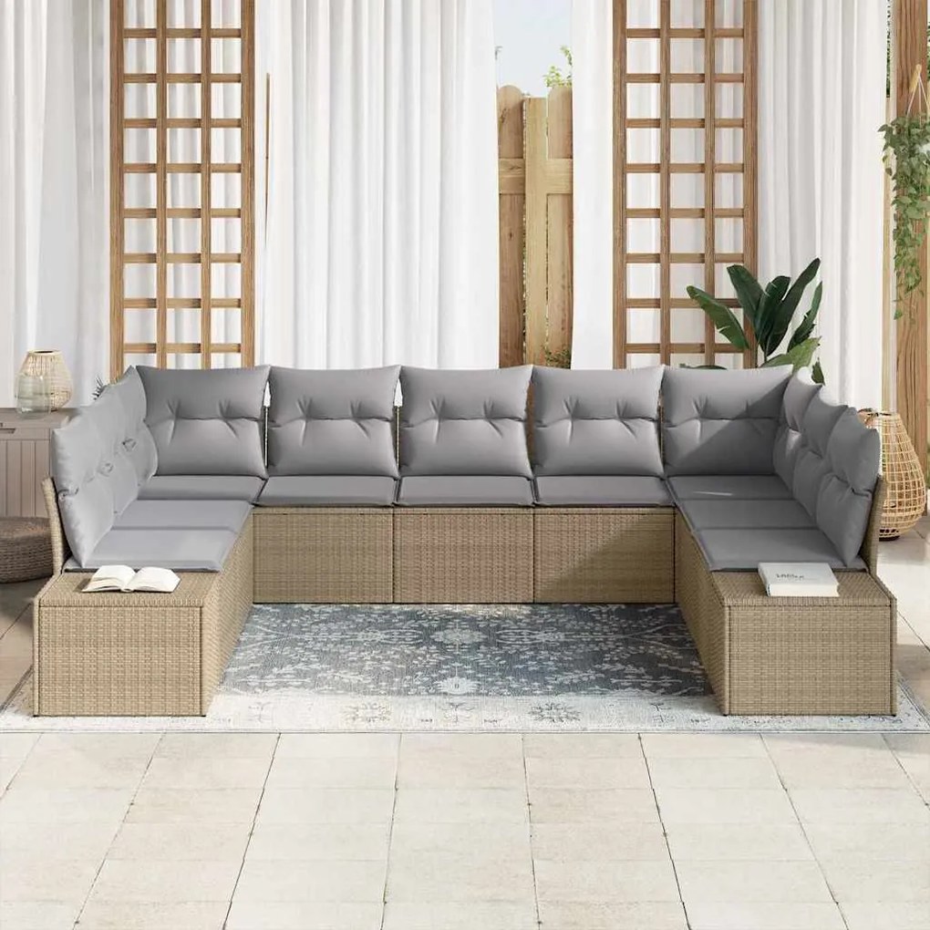 Conjunto de Sofá de Jardim de 9 Peças com Almofadas em Vime Poly Bege