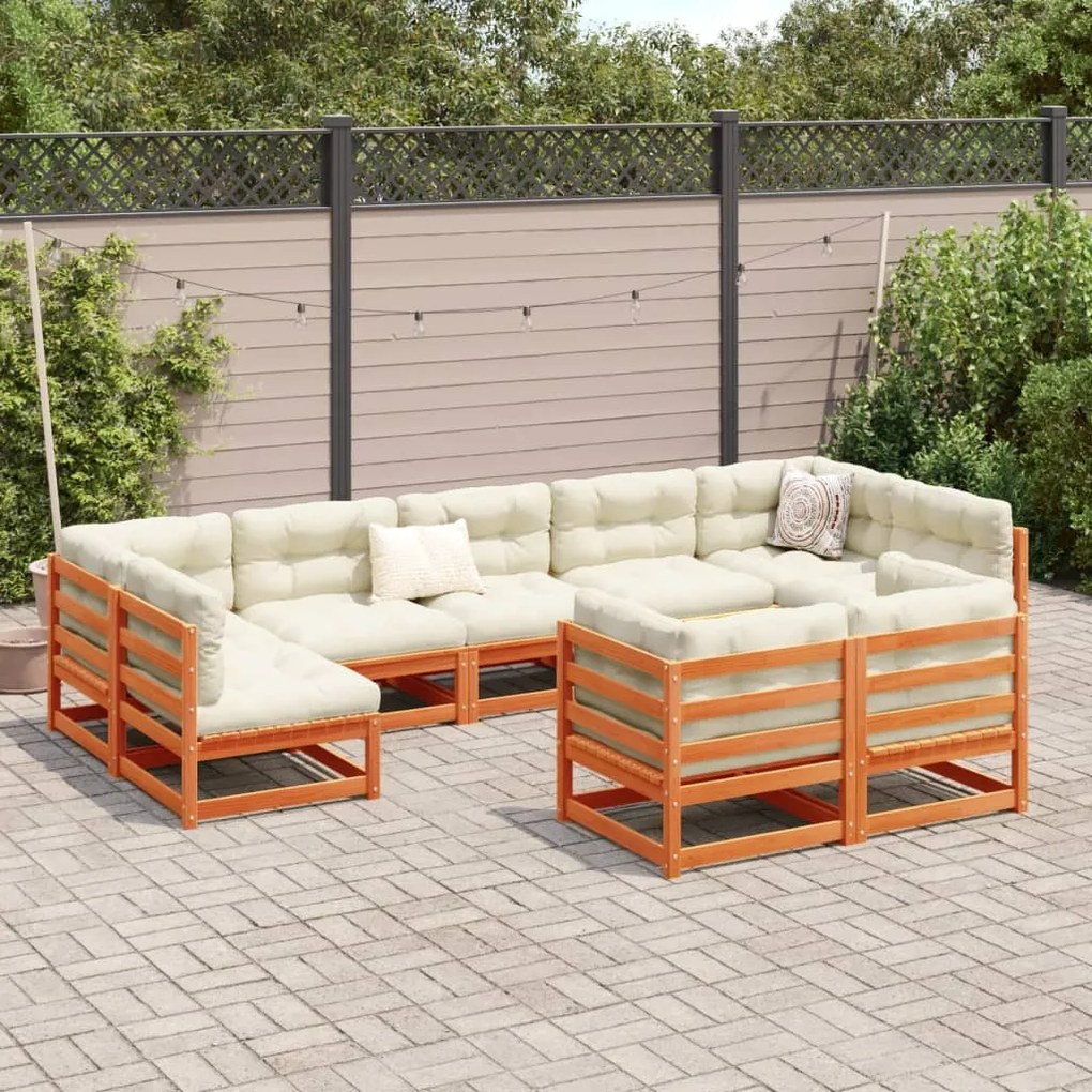 9pcs conj. sofás jardim c/ almofadões pinho maciço castanho mel