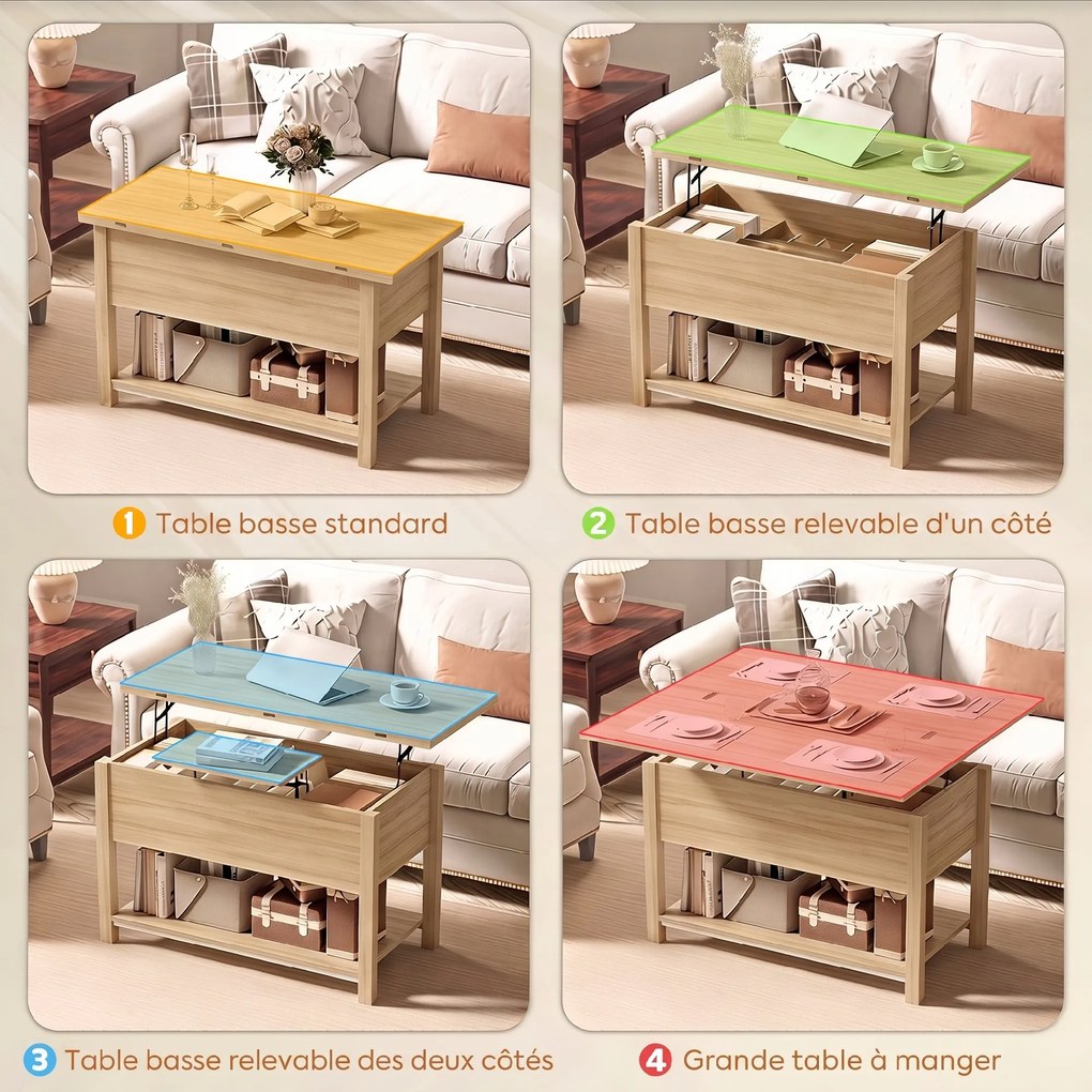 Mesa de centro elevável e extensível, com compartimento oculto e prateleira aberta, 100 x 45 x 50,5 cm, em cor madeira natural