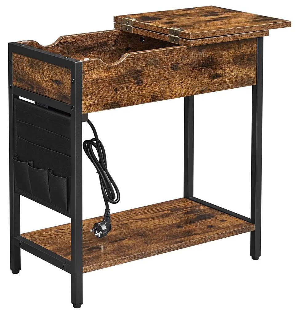 Mesa lateral dobrável com tomadas e USB, superfície com prateleira | VASAGLE | 60 x 31,5 x 60 cm | preto|cor antiga | LET311B01.
