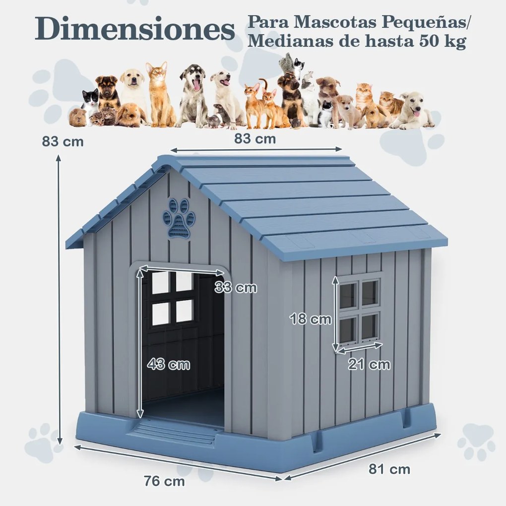 Casota de plástico para cães 76 x 83 x 83 cm impermeável e isolada com ventilação, piso elevado para interior e exterior, azul + cinza