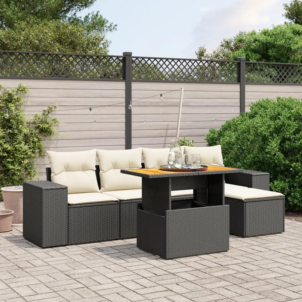 6 pcs conjunto sofás de jardim c/ almofadões vime PE preto