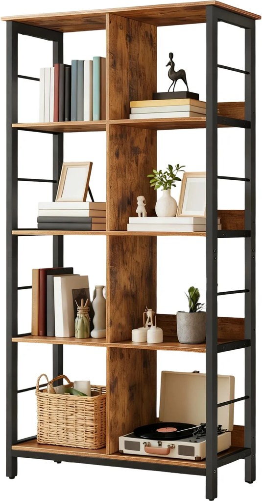 Estante de livros de 4 andares com 8 compartimentos 33 x 80 x 149 cm castanho vintage-preto