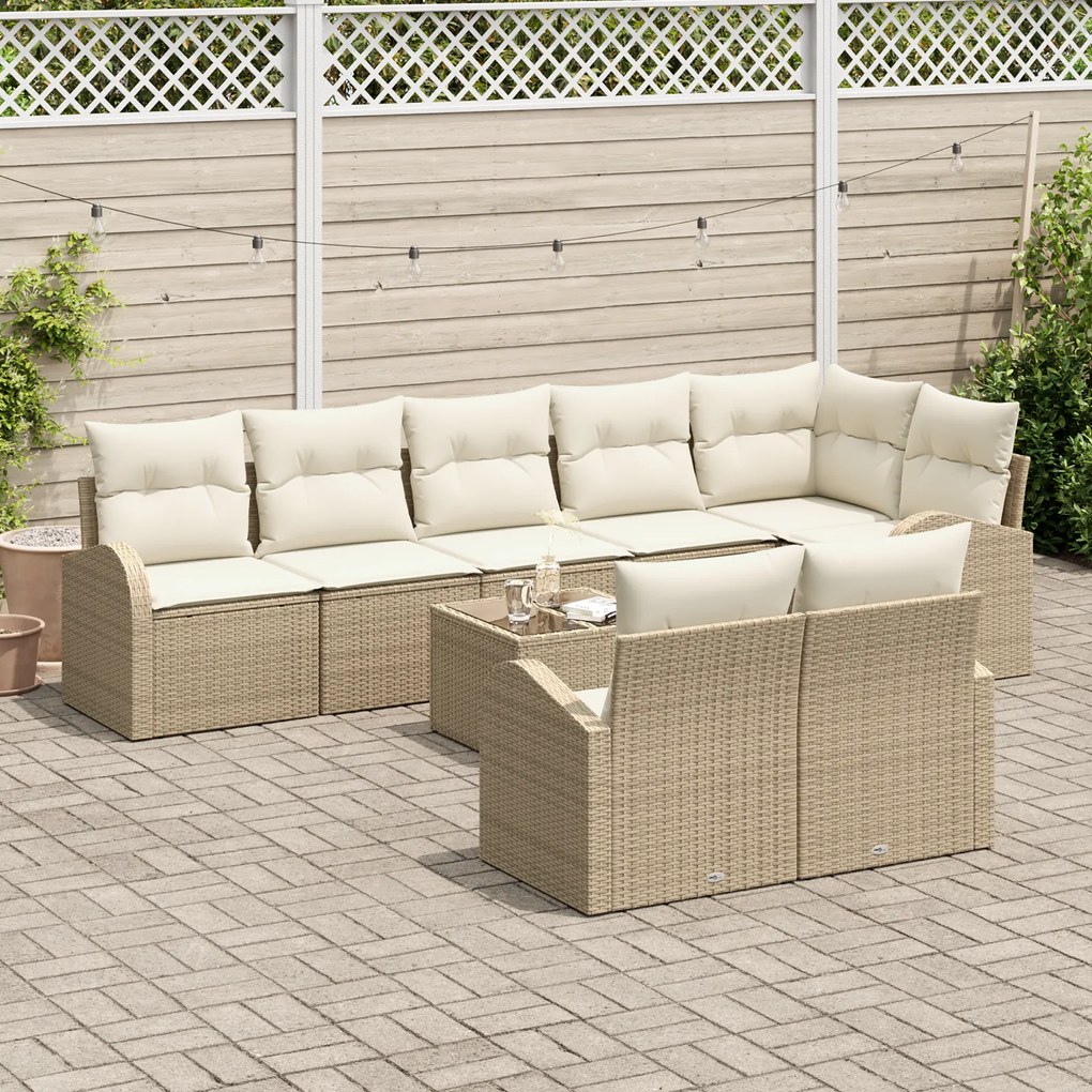 Conjunto de Sofá de Jardim 9 Peças com Almofadas Bege Vime PE