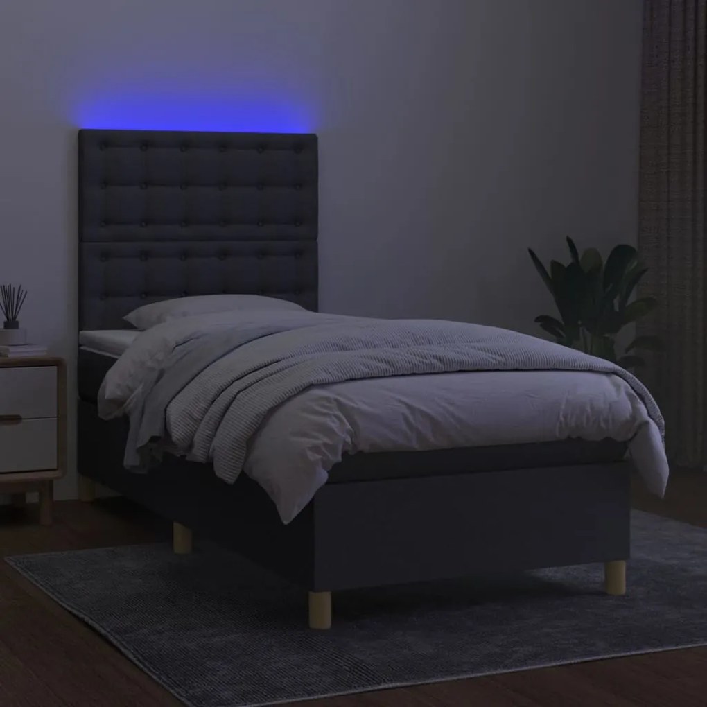 Cama box spring c/ colchão e LED 100x200 cm tecido cinza-escuro