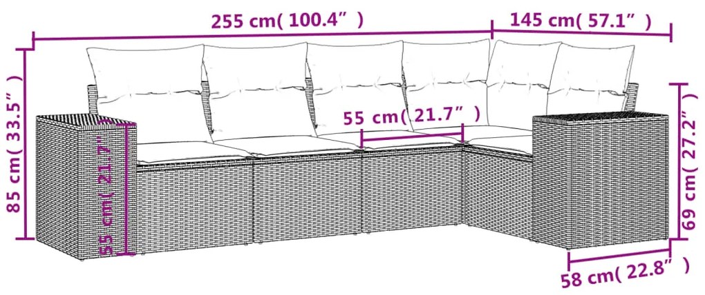 5 pcs conjunto sofás de jardim com almofadões vime PE preto