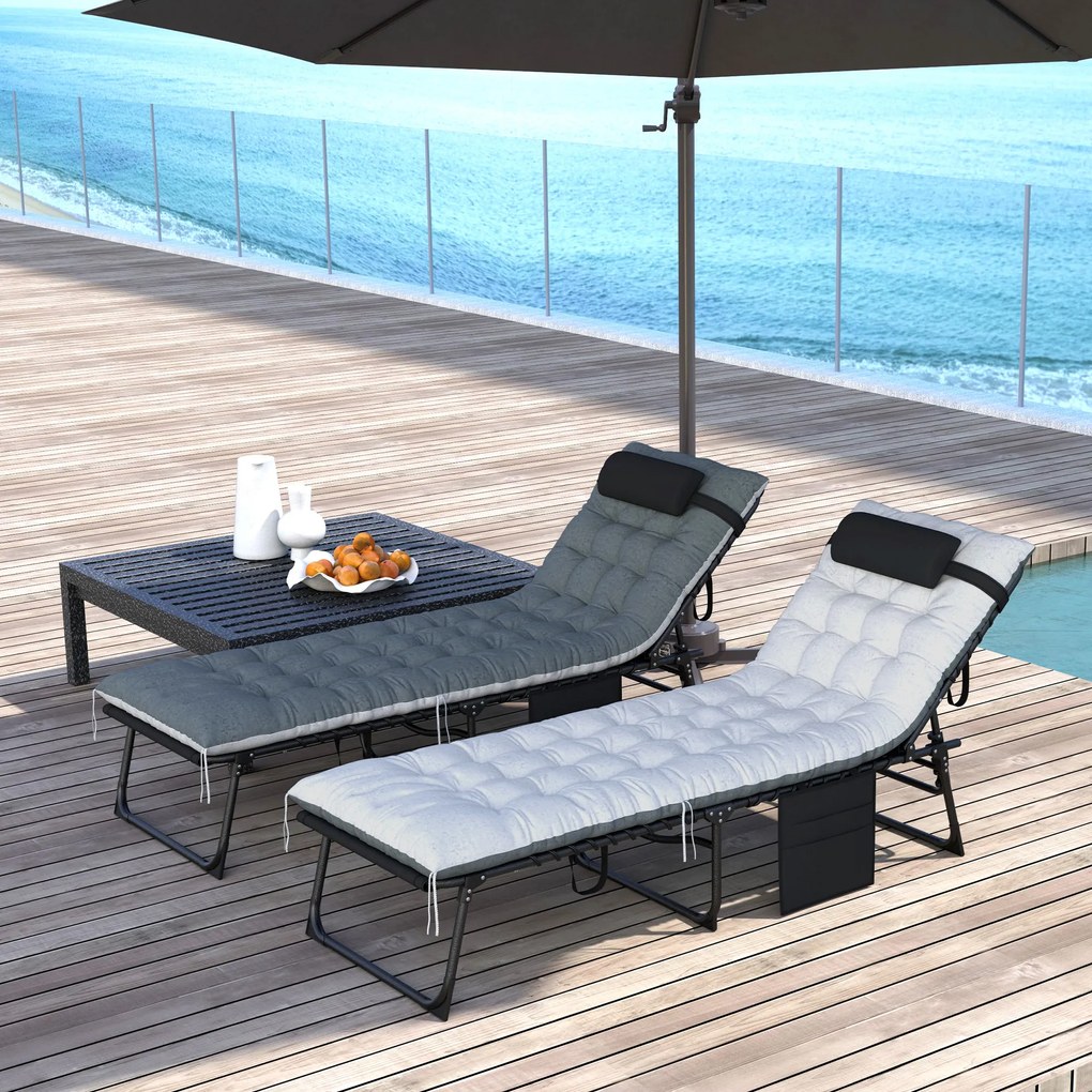 Conjunto de 2 espreguiçadeiras, espreguiçadeira dobrável e reclinável, almofada, apoio para a cabeça, bolso lateral, 60 x 190 x 31 cm, cinzento