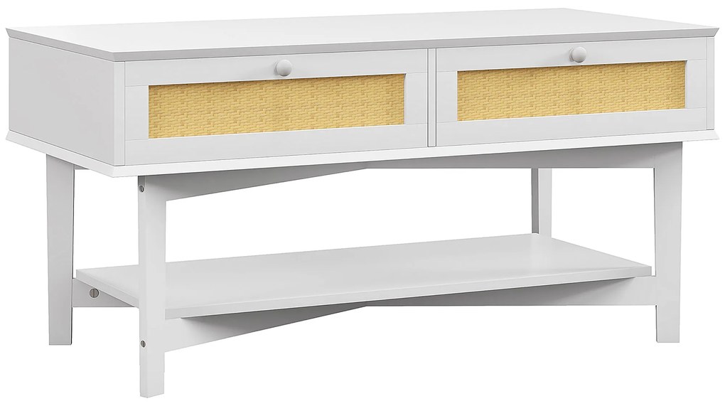 Mesa de Centro com 2 Gavetas Decorativas de Vime e Prateleira Inferior para Sala de Estar Escritório 100x50x50 cm Branco