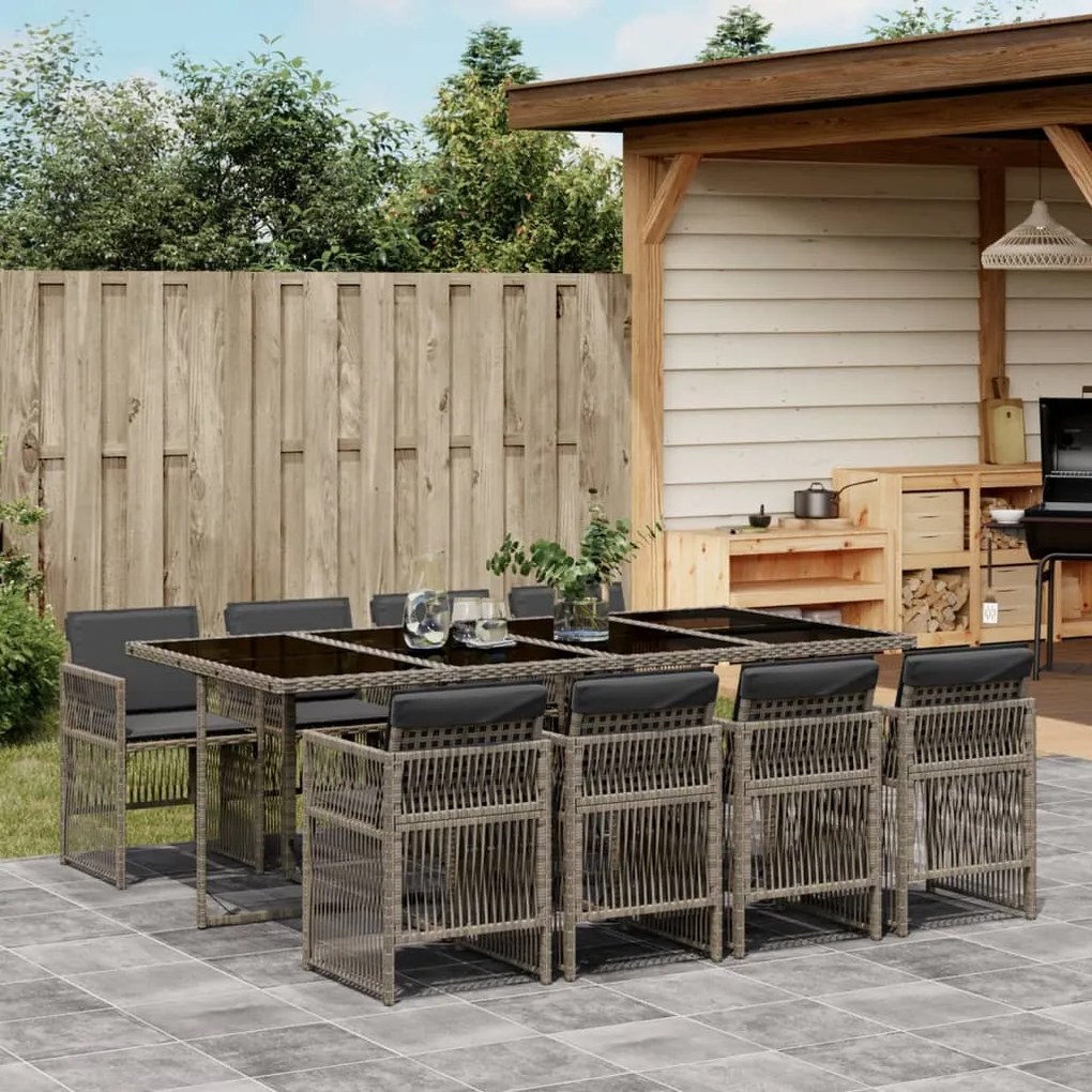 9 pcs conjunto de jantar p/ jardim c/ almofadões vime PE cinza