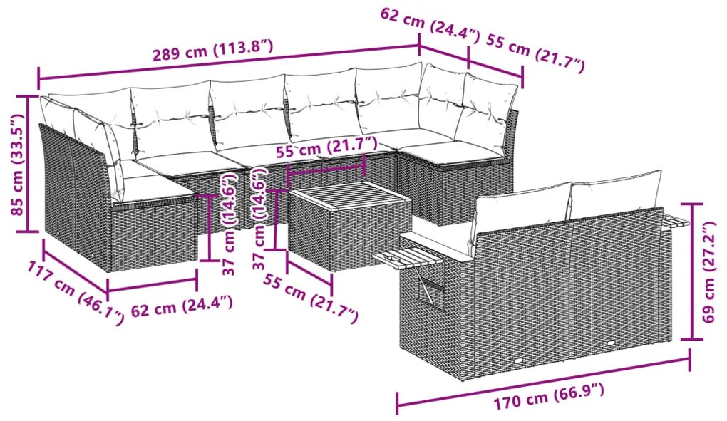 10 pcs conjunto de sofás p/ jardim com almofadões vime PE bege