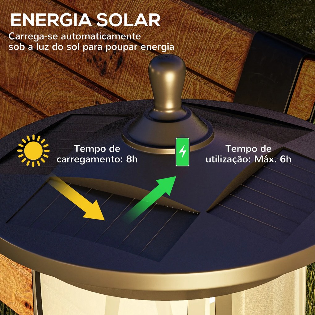 Candeeiro Solar Candeeiro de Exterior com Painel Solar Ligar e Desligar Automático Impermeável IP44 17x17x127 cm Preto