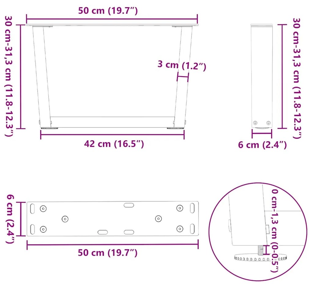 Mesa de jantar pernas 2 pcs forma de V 50x(30-31,3)cm aço preto