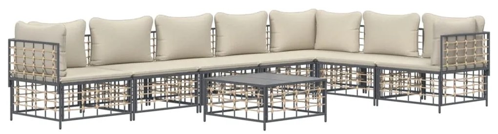 8 pcs conjunto lounge de jardim c/ almofadões vime PE antracite