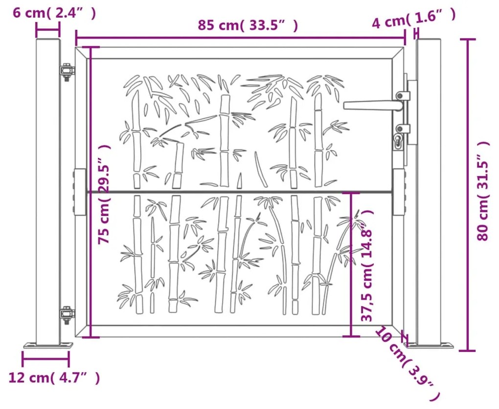 Portão de jardim 105x80 cm aço corten design bambu