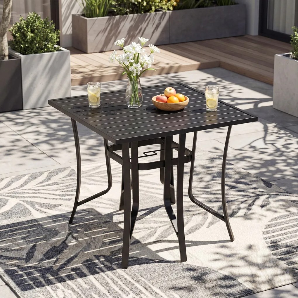 Mesa quadrada de jardim para 4 pessoas com orifício para guarda-sol 91 x 91 x 73 cm, estrutura ajustável em metal, tampo em ripas, ideal para varandas