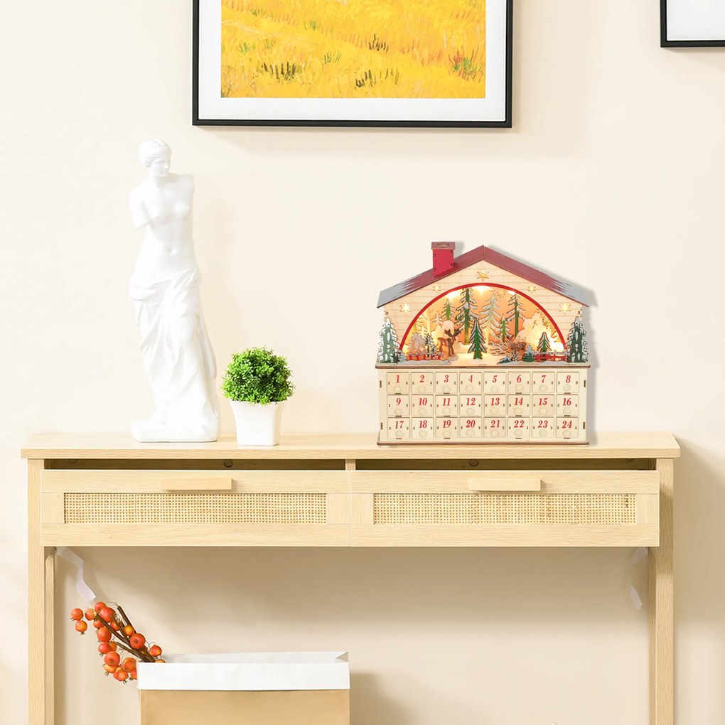 Calendário do Advento em Madeira com Luzes LED e 24 Gavetas Cena de Vila Decoração Natalícia 36x10x34 cm Madeira