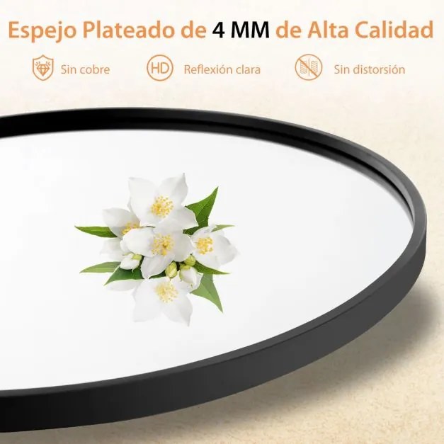 Espelho de casa de banho redondo de 61 cm montado na parede com moldura de metal mate escovado resistente à ferrugem para uma decoração minimalista