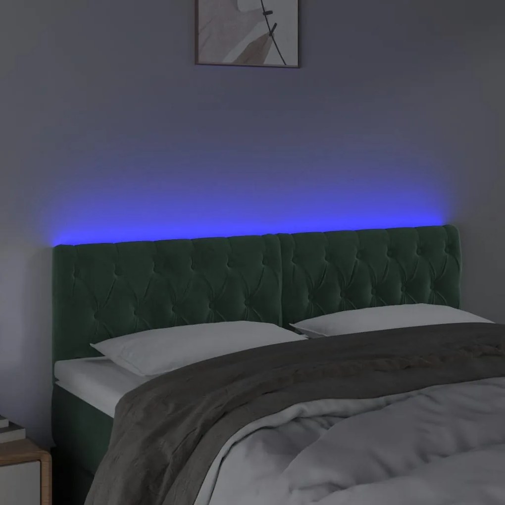 Cabeceira de cama c/luzes LED veludo 144x7x78/88cm verde-escuro