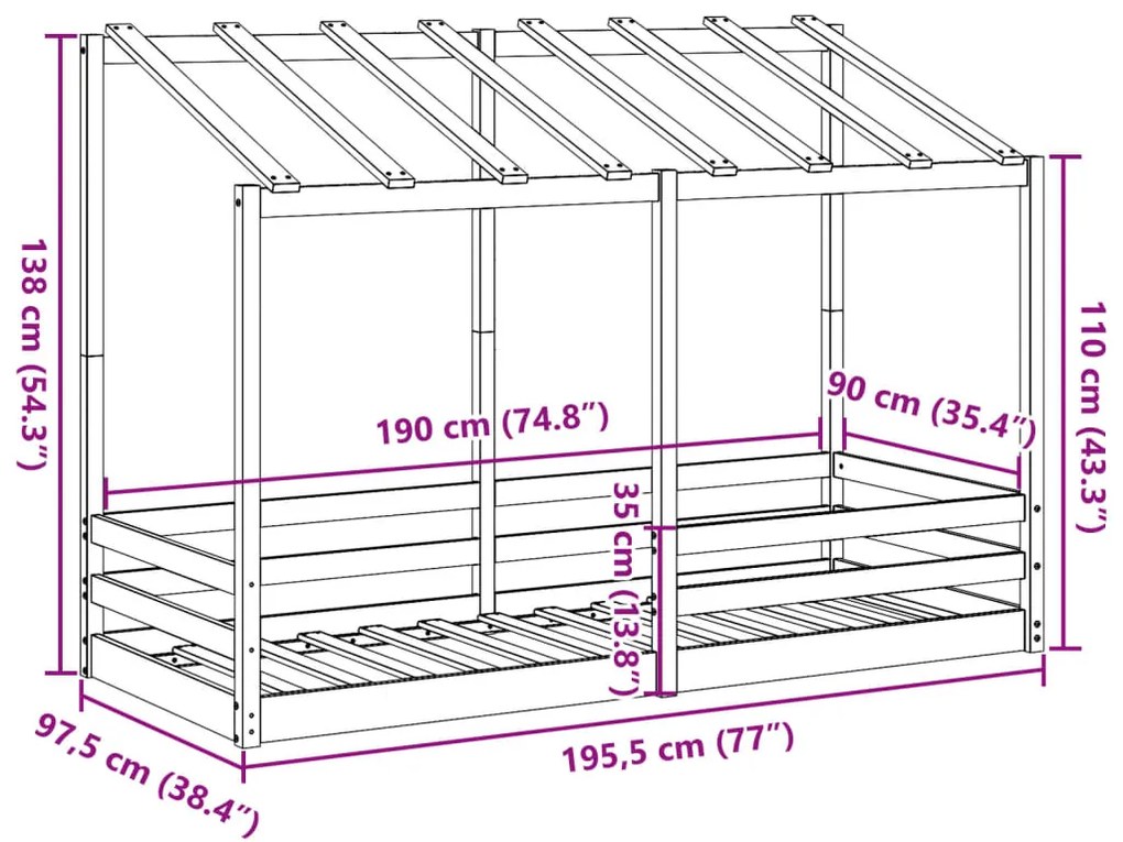 Cama infantil com telhado 90x190 cm pinho maciço branco