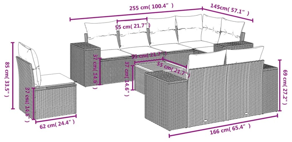 9 pcs conjunto de sofás p/ jardim c/ almofadões vime PE preto