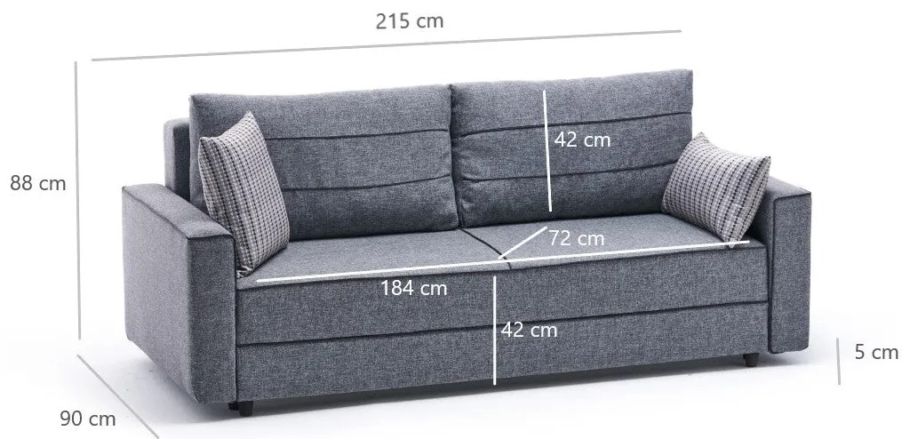 Sofá-Cama de 3 Lugares Ece – Cinzento – 215 cm x 88 cm x 90 cm