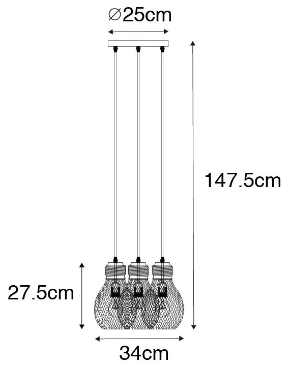 Candeeiro de suspensão design preto 3 luzes - Raga Design