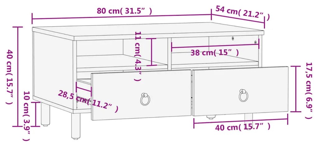 Mesa de centro 80x54x40 cm madeira de mangueira maciça