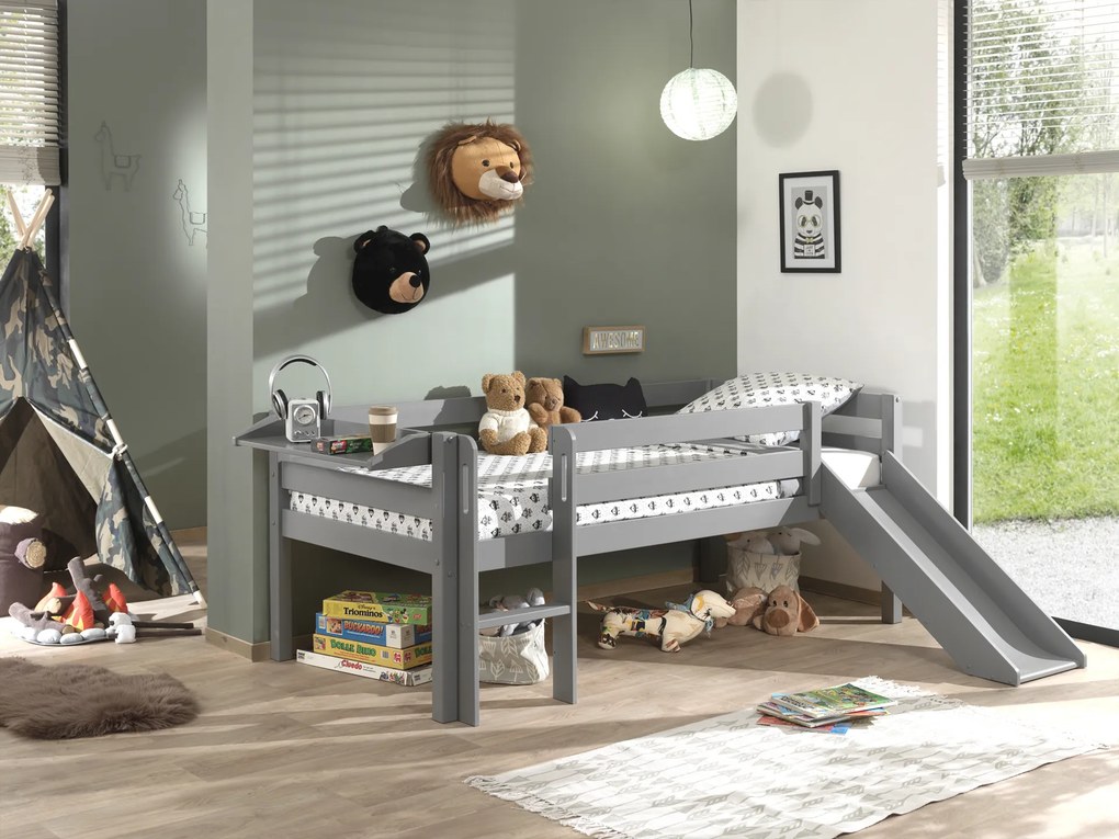 Conjunto Cama alta de Criança PINO 90 x 200 cm + estrado + escada + escorrega + prateleira suspensa Cinzenta