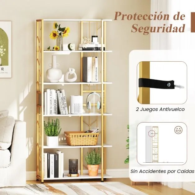Estante de 6 prateleiras com estrutura metálica 80 x 31 x 180 cm Branca e dourada