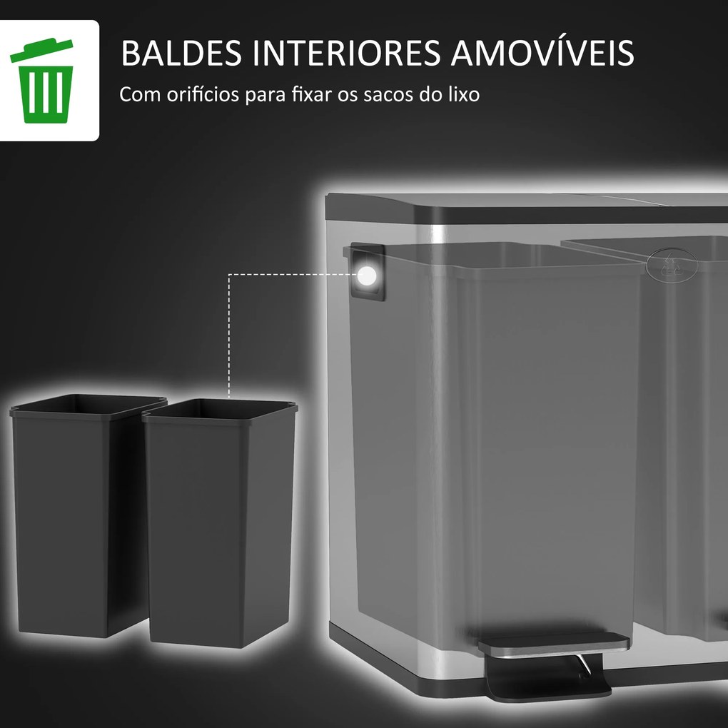 Balde de Lixo de Cozinha com 2 Compartimentos 2x15L Cubo de Lixo de Aç