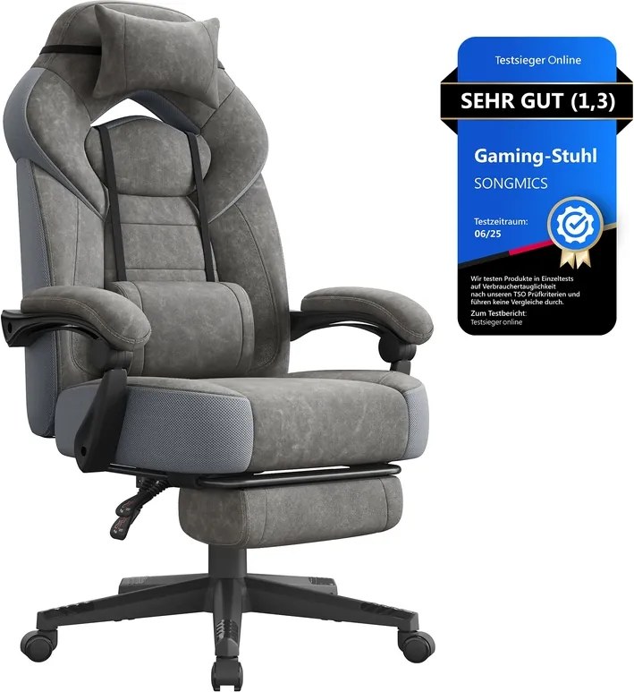 Cadeira de gaming com apoio para os pés e almofada ajustável para a cabeça, cinzento ardósia