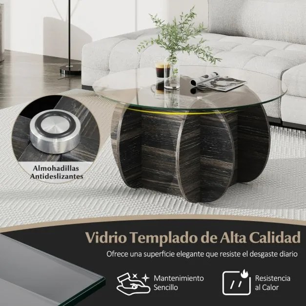 Mesa de Centro Redonda 89 x 89 x 46 cm Moderna com Tampo de Vidro Temperado e Base de Madeira Maciça Cor Carvalho Rústico Escuro