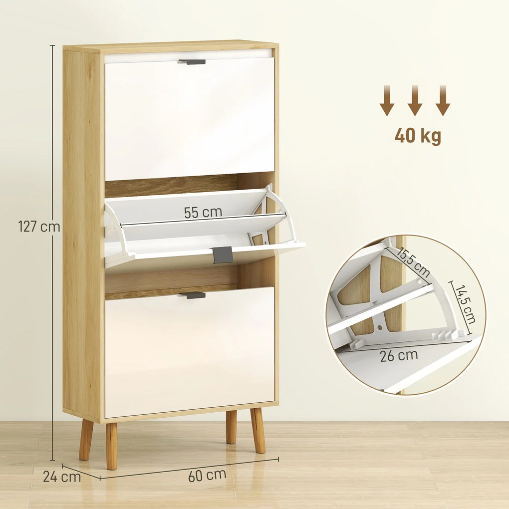 Sapateira Estreita com 3 Portas em Branco Brilhante Prateleiras Ajustáveis Pernas de Madeira para 18 Pares de Sapatos 60x24x127 cm