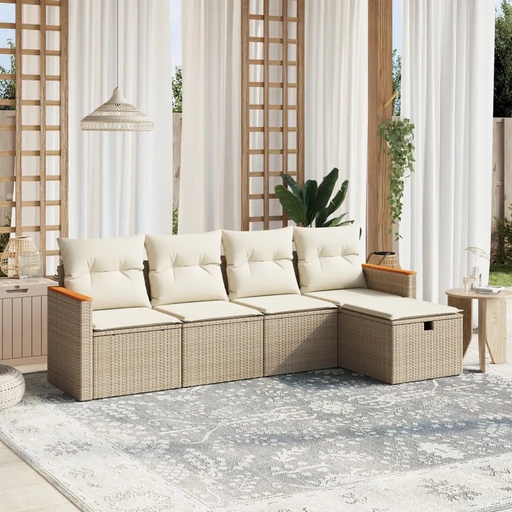 vidaXL 5 pcs conjunto de sofás p/ jardim com almofadões vime PE bege