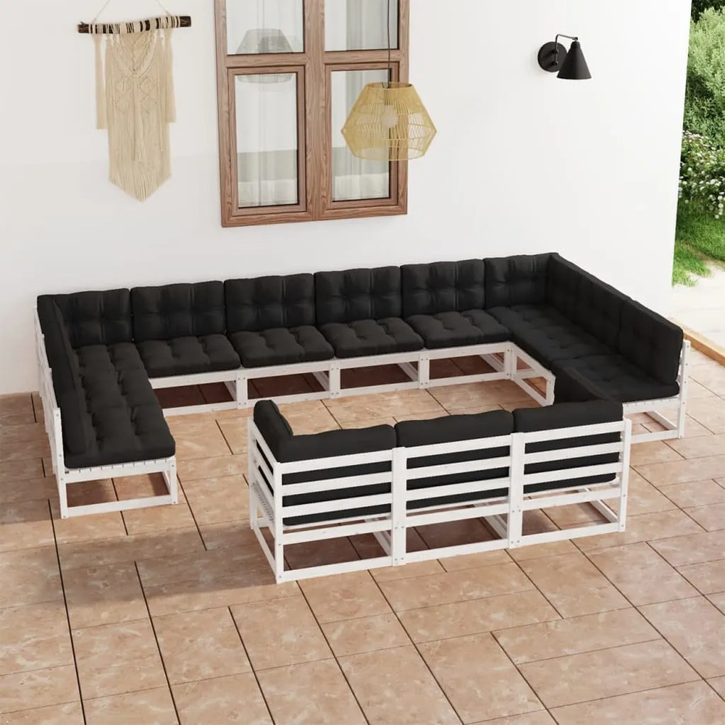 3077285 vidaXL 13 pcs conj. lounge de jardim c/ almofadões pinho maciço branco