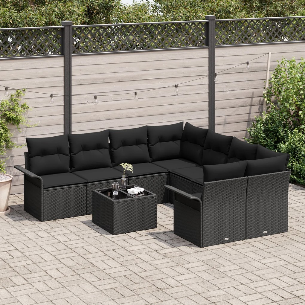 Conjunto de Sofá de Jardim com Almofadas Pretas de Vime PE