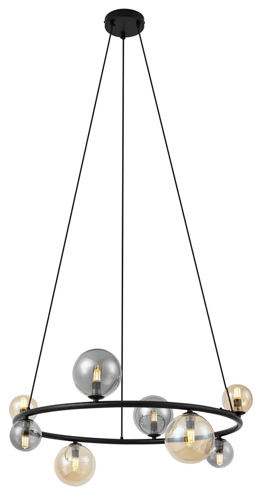 Candeeiro suspenso preto com vidro fumado e âmbar redondo 8 luzes - Monaco