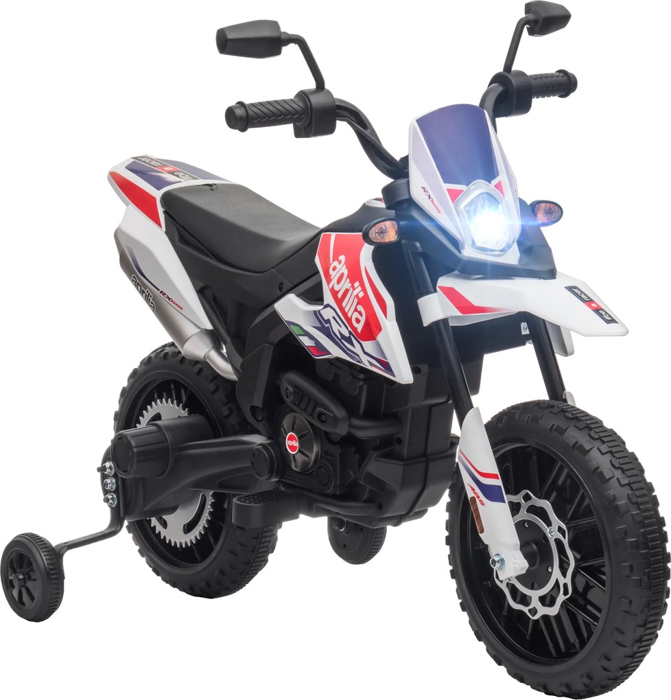 Mota Elétrica Infantil Aprilia 12V Rodas de Apoio Farol Música Porta USB Amortecedor Branco