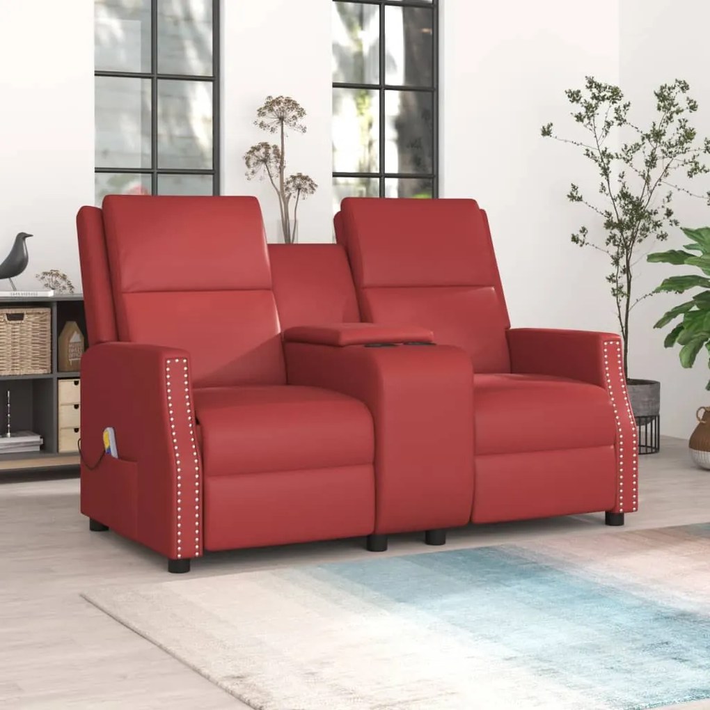vidaXL Poltrona massagens 2 lug. reclinável couro art. vermelho tinto