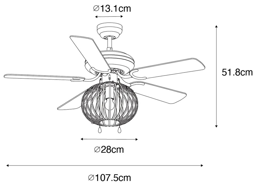 Ventilador de teto preto com madeira e puxador - Mistral Johanna Industrial